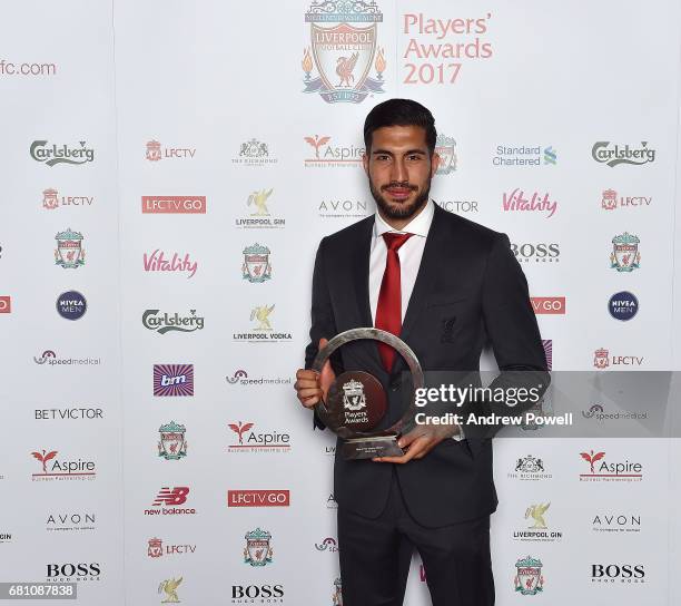 Emre Can of Liverpool after winning the Goal of the Season award during the Liverpool FC Player Awards at Anfield on May 9, 2017 in Liverpool,...