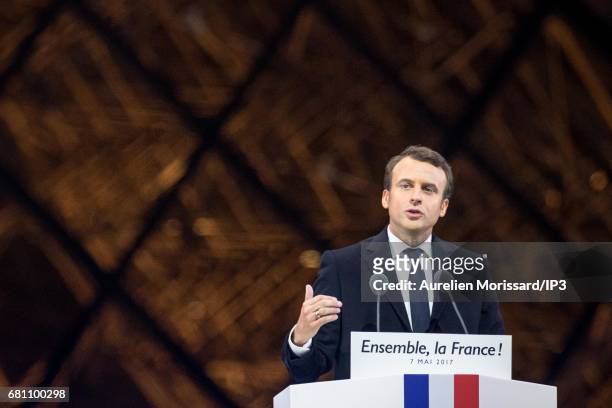 Founder and Leader of the political movement 'En Marche !' Emmanuel Macron, elected new French President delivers a speech in front of thousands...