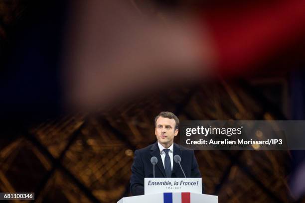 Founder and Leader of the political movement 'En Marche !' Emmanuel Macron, elected new French President delivers a speech in front of thousands...