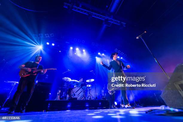Guitarist Duncan Lloyd, drummer Tom English and singer Paul Smith of Maximo Park perform on stage at O2 ABC Glasgow on May 9, 2017 in Glasgow,...