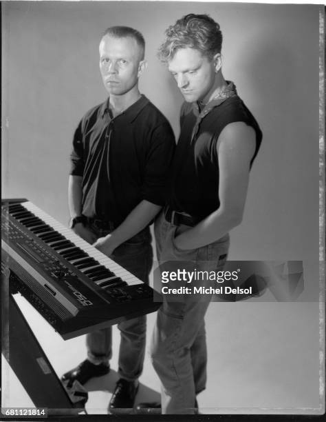 Portrait of Erasure, synthpop duo, from left to right, Vince Clarke singer and songwriter and Andy Bell songwriter and keyboardist. New York City,...