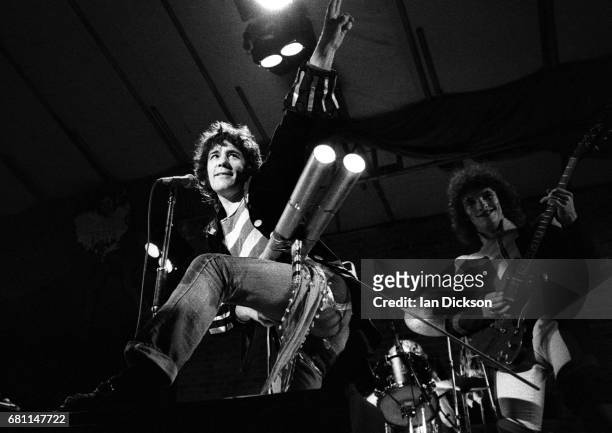 Alex Harvey and Zal Cleminson of The Sensational Alex Harvey Band performing on stage at Reading, Festival, Reading, United Kingdom, 23 August 1974.