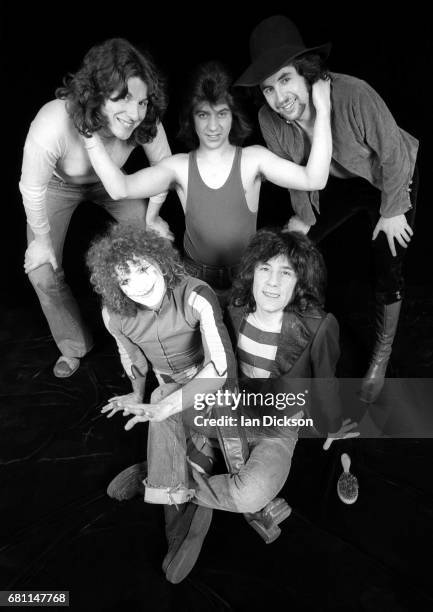 The Sensational Alex Harvey Band, group portrait at Kingly Court Studios, London, January 1974. Clockwise from top left: Ted McKenna, Chris Glen,...