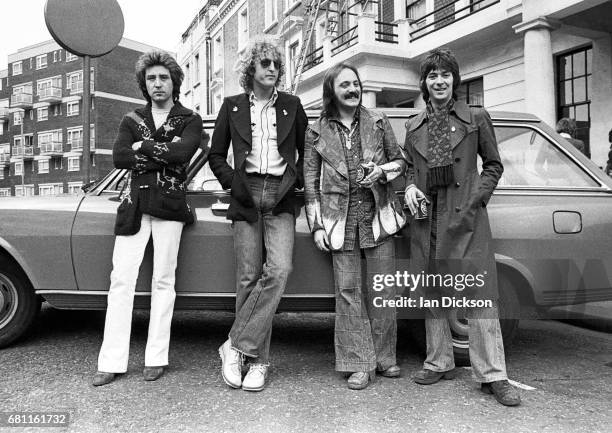 Group portrait of the Small Faces after re-forming in 1977, London. L-R Kenney Jones, Rick Wills, Steve Marriott, Ian McLagan.