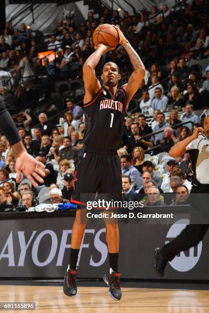 Trevor Ariza of the Houston Rockets shoots the ball during the game against the San Antonio Spurs during Game Five of the Western Conference...