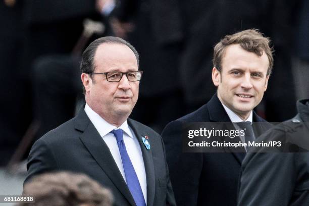 French President Francois Hollande and the new French President, former Leader of the political movement that he founded 'En Marche !' Emmanuel...