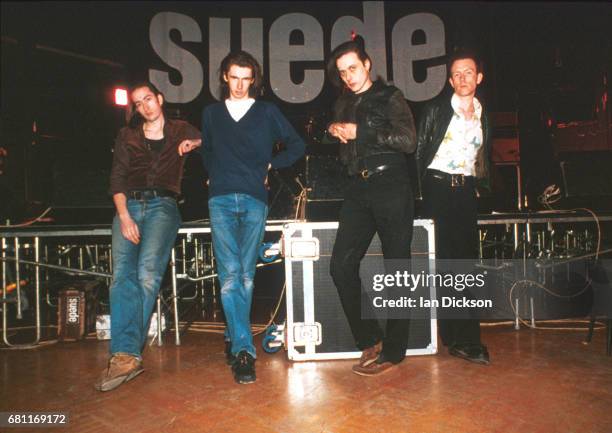 Group portrait of Suede at The Junction, Cambridge United Kingdom, 01 March 1992. L-R Brett Anderson, Bernard Butler, Mat Osman, Simon Gilbert.