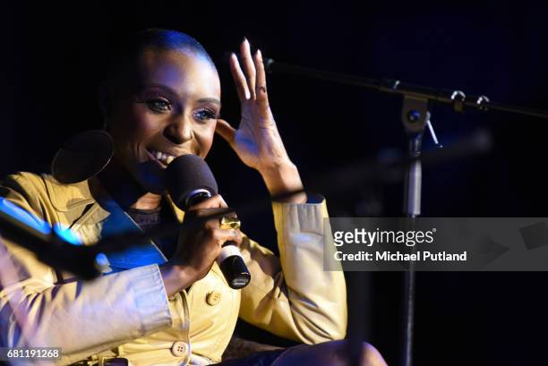 British singer-songwriter Laura Mvula is interviewed on stage by Classic Album Sundays host Colleen Murphy in the Elgar Room at the Royal Albert...