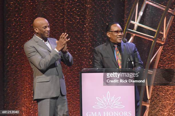 Singer Donnie McClurkin and Dr. Bobby Jones speak on stage at the GMA Honors on May 9, 2017 in Nashville, Tennessee.