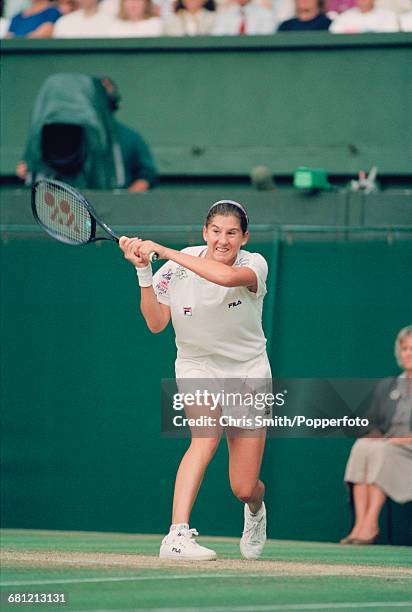 Yugoslavian tennis player Monica Seles pictured in action to lose her match against German tennis player Steffi Graf, 2-6, 1-6 in the final of the...