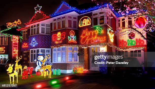 christmas lights in the suburbs - christmas decoration outdoor stock pictures, royalty-free photos & images