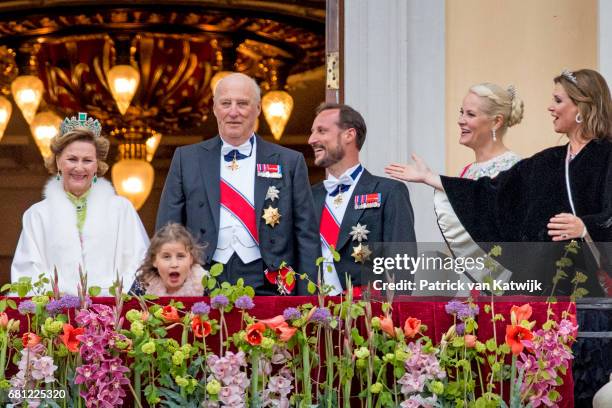 Queen Sonja, King Harald, Emma Tallulah Behn, Crown Princess Mette-Marit, Crown Prince Haakon and Princess Martha Louise of Norway attend the...