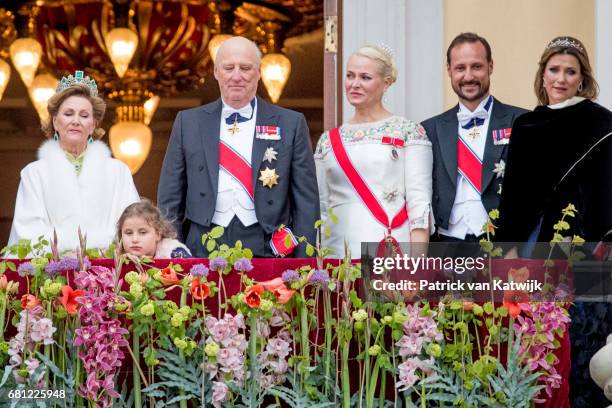 Queen Sonja, King Harald, Emma Tallulah Behn, Crown Princess Mette-Marit, Crown Prince Haakon and Princess Martha Louise of Norway attend the...