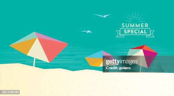 flat abstract summer beach illustration with parasols and vintage sign - parasol stock illustrations