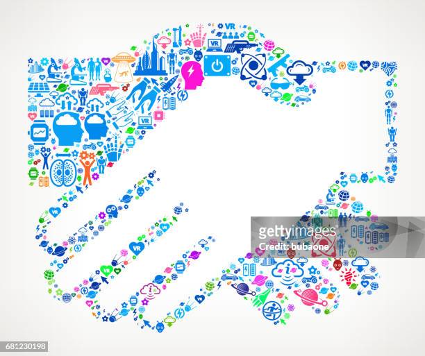 handshake  future and futuristic technology vector icon background - robot hand human hand stock illustrations