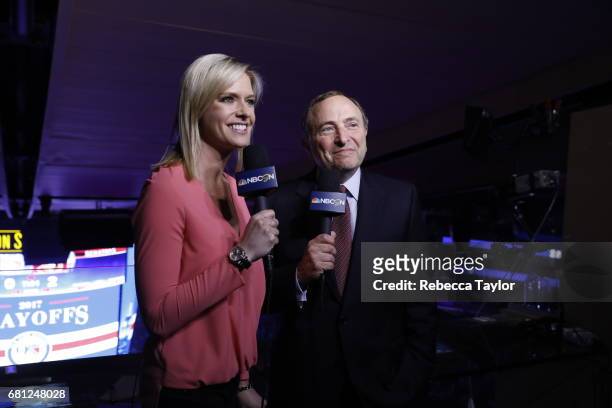 Commissioner Gary Bettman and NBC reporter Kathryn Tappen make an announcement about the 2018 NHL Winter Classic during the first intermission of...