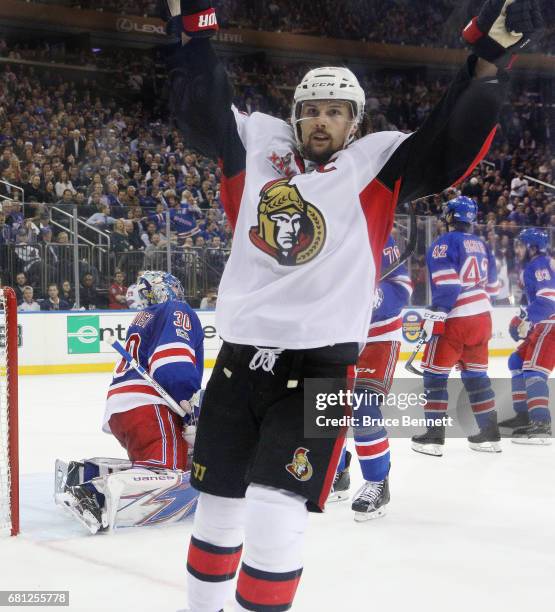 Erik Karlsson of the Ottawa Senators celebrates his goal at 15:53 of the second period against the New York Rangers in Game Six of the Eastern...