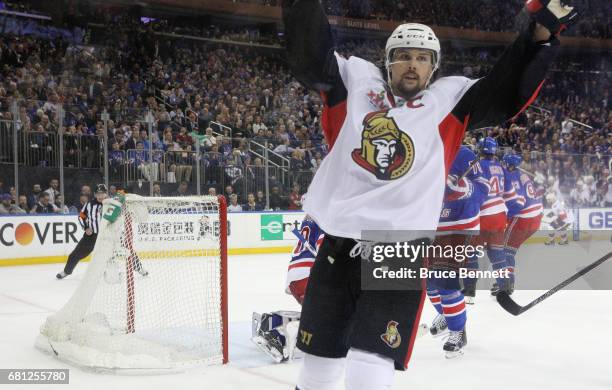 Erik Karlsson of the Ottawa Senators celebrates his goal at 15:53 of the second period against the New York Rangers in Game Six of the Eastern...