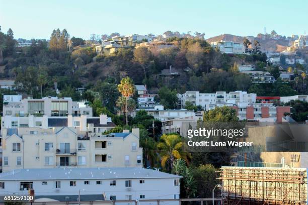 houses on mountain side during sunset - hollywood hills fotografías e imágenes de stock