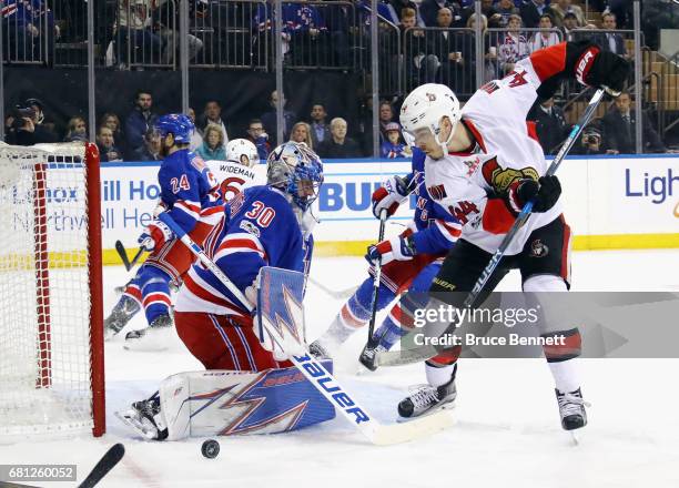 Jean-Gabriel Pageau of the Ottawa Senators is stopped by Henrik Lundqvist of the New York Rangers in Game Six of the Eastern Conference Second Round...