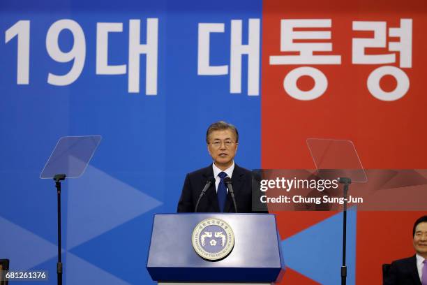 South Korea's new President Moon Jae-In speaks during his presidential inauguration ceremony at National Assembly on May 10, 2017 in Seoul, South...