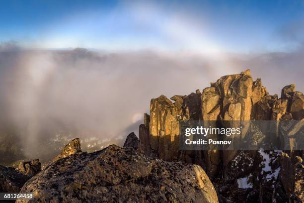 brocken spectre on the top of mount pilion east - brockengespenst stock-fotos und bilder