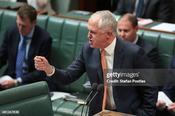 Prime Minister Malcolm Turnbull speaks during question time at Parliament House on May 10, 2017 in Canberra, Australia. The Turnbull Government's...