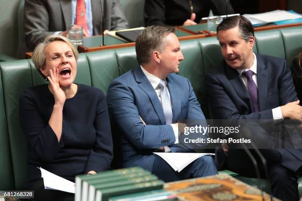 Deputy Leader of the Opposition Tanya Plibersek reacts to Prime Minister Malcolm Turnbull during question time at Parliament House on May 10, 2017 in...