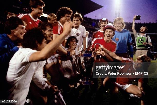 Aston Villa celebrate with the European Cup after their 1-0 win: Terry Bullivant, Gary Williams, Andy Blair, Gordon Cowans, Gary Shaw, Allan Evans,...
