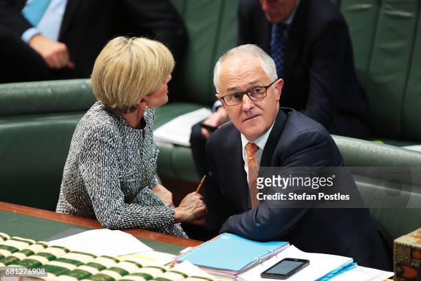 Prime Minister Malcolm Turnbull speaks with Minister for Foreign Affairs Julie Bishop during question time at Parliament House on May 10, 2017 in...