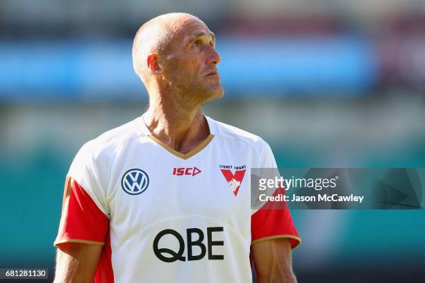 Tony Lockett of the Swans looks on during a Sydney Swans AFL training session at Sydney Cricket Ground on May 10, 2017 in Sydney, Australia.