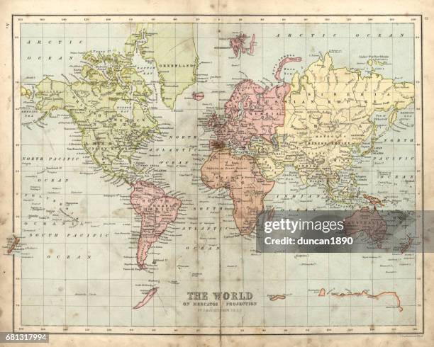 ilustraciones, imágenes clip art, dibujos animados e iconos de stock de mapa antiguo del mundo, 1873 - anticuado