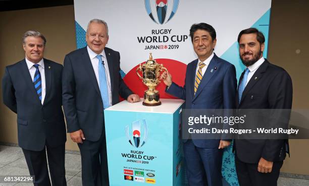 Brett Gosper, CEO of World Rugby via Getty Images, Bill Beaumont, Chairman of World Rugby via Getty Images, Shinzo Abe, Prime Minister of Japan and...