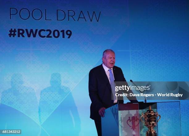 Bill Beaumont, Chairman of World Rugby via Getty Images addresses the audience during the Rugby World Cup 2019 Pool Draw at the Kyoto State Guest...