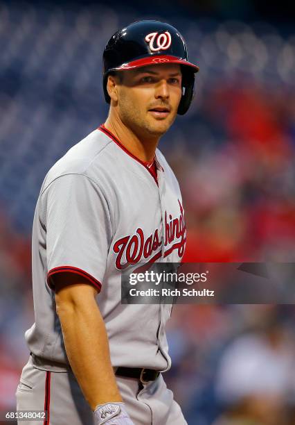 Chris Heisey of the Washington Nationals in action during a game against the Philadelphia Phillies at Citizens Bank Park on May 5, 2017 in...