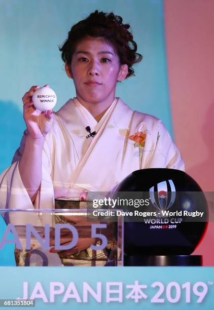 Saori Yoshida, Olympic freestyle wrestler of Japan draws Repechage Winner during the Rugby World Cup 2019 Pool Draw at the Kyoto State Guest House on...