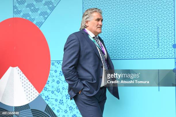 Director of Performance Scott Johnson of Scottland arrives to the Kyoto State Guest House during the Rugby World Cup Pool Draw on May 10, 2017 in...