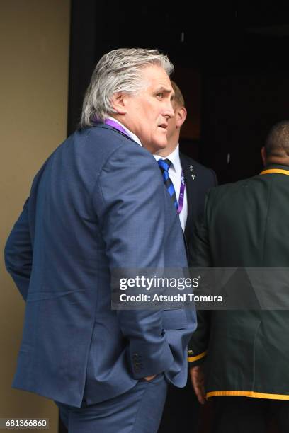 Director of Performance Scott Johnson of Scottland arrives to the Kyoto State Guest House during the Rugby World Cup Pool Draw on May 10, 2017 in...