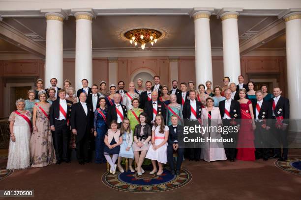 In this handout image provided by Norway's Royal Court, King Harald and Queen Sonja celebrate their 80th Birthday's with their family pictured H.K.H....