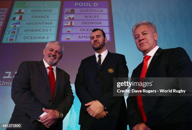 Warren Gatland, Head Coach of Wales, Michael Cheika, Head Coach of Australia and Milton Haig, Head Coach of Georgia pose during the Rugby World Cup...