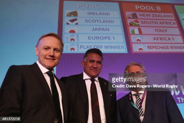 Joe Schmidt, Head Coach of Ireland, Jamie Joseph, Head Coach of Japan and Scott Johnson, Performance Director of Scotland pose during the Rugby World...