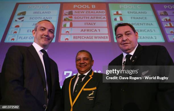 Conor O'Shea, Head Coach of Italy, Allister Coetzee, Head Coach of South Africa and Steve Hansen, Head Coach of New Zealand pose during the Rugby...