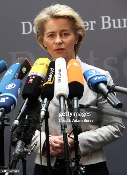 Defense Minister Ursula von der Leyen speaks to the media during a special meeting of a German federal Parliament commission into abuse within the...