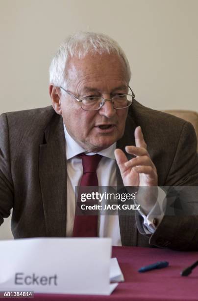 Former Chairman of the chambers of the independent FIFA Ethics Committee, Hans-Joachim Eckert gives a press conference after FIFA's decision to...