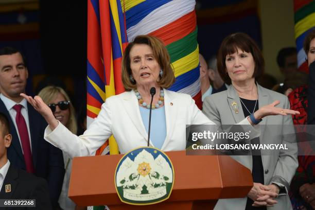 Democratic leader of the US House of Representatives Nancy Pelosi speaks to a gathering of Tibetans in exile during a visit to the Tsuglakang Temple...