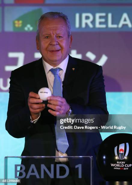 Bill Beaumont, Chairman of World Rugby via Getty Images draws Ireland during the Rugby World Cup 2019 Pool Draw at the Kyoto State Guest House on May...