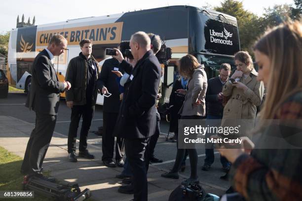 Leader of the Liberal Democrats Tim Farron speaks with the media as he visits Lewannick Primary School near Launceston on May 10, 2017 in Cornwall,...