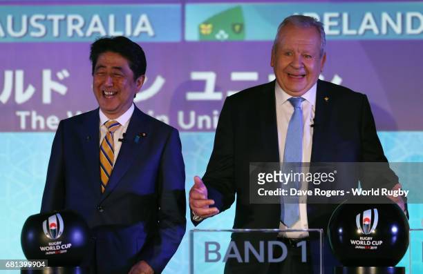 Shinzo Abe, Prime Minister of Japan and Bill Beaumont, Chairman of World Rugby via Getty Images address the audience during the Rugby World Cup 2019...