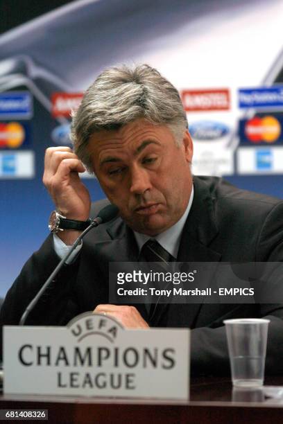 Milan manager Carlo Ancelotti answers question during the press conference