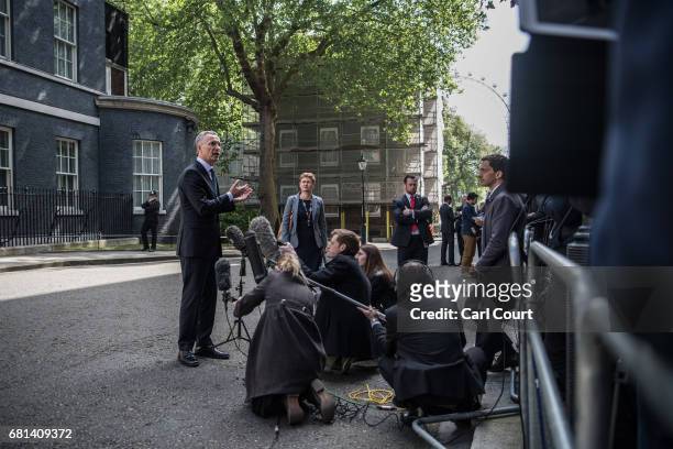 Jens Stoltenberg, the Secretary General of NATO, speaks to the media in Downing Street after meeting Prime Minister, Theresa May, on May 10, 2017 in...